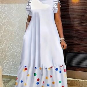 Plus Size Polka Dot Tunic Dress - High Neck, Slight Stretch, Flutter Sleeve